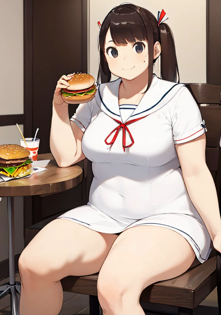(masterpiece), best quality, expressive eyes, perfect face, hair ornament, bangs, solo, 1girl, medium breasts, plump, chubby, long hair, brown hair, brown eyes, two side up, TanumaMiyuki, solo, white sailor dress, sailor collar, short sleeves, neighborhood, smile, happy, tight clothes, big girl, sitting, holding a hamburger, glass glazing, restrant, armchair, behind table,, <lora:female_pubic_hair3-000005:0.7>, <lora:Fat:0.5>, <lora:737e6236-ee4d-4c1f-a0da-3685ff83fa9a:0.8>, <lora:0fdb1eda-7961-4da6-ae46-524b879a03ec:0.4>