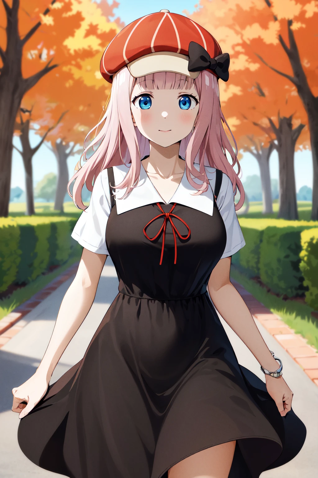 masterpiece, best quality, highres, aachika, long hair, hair bow, collarbone, summer uniform, neck ribbon, white shirt, pinafore dress, (black dress:1.2), short sleeves, black skirt, cabbie hat, red headwear, <lora:fujiwara_chika_v2:0.7>, standing, cowboy shot, autumn,