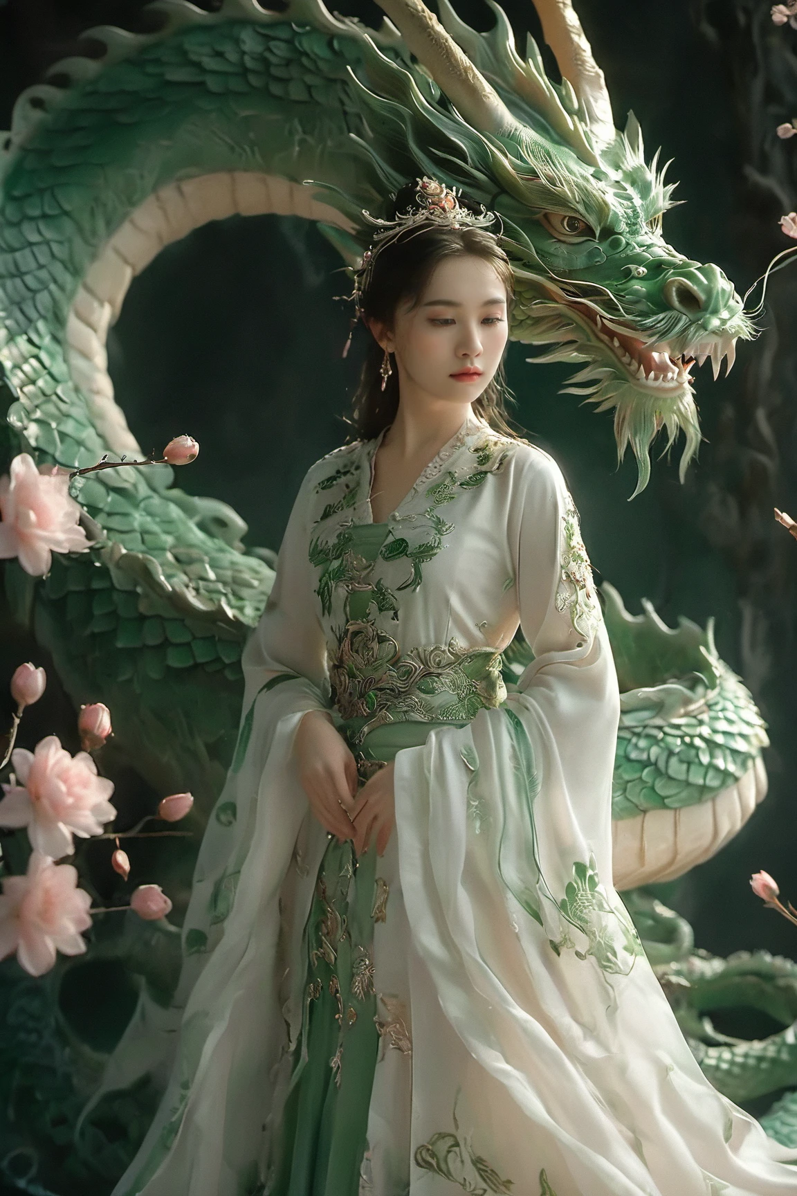 A serene scene where a woman, adorned in a traditional green and white dress, stands gracefully beside a majestic green dragon. The woman wears an ornate headpiece and holds a delicate object in her hand. The dragon, with its intricate scales and fierce yet calm expression, wraps around her, creating a protective and harmonious bond between them. The backdrop is dark, with subtle lighting highlighting the dragon and the woman, and there are floating pink flowers adding to the ethereal atmosphere.,xxmixgirl<lora:EMS-411095-EMS:0.800000>