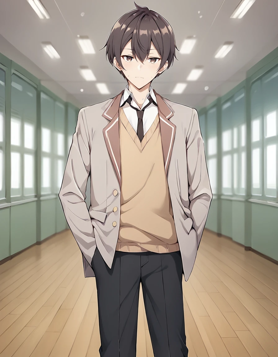 score_9, score_8_up, score_7_up, source_anime,
1boy, solo, looking at viewer, indoors, blurry background,
full body,
masachika kuze, short hair, brown hair, hair between eyes, brown eyes,
school uniform, grey jacket, long sleeves, open jacket, buttons, white shirt, collared shirt, black necktie, yellow sweater vest, black pants,
<lora:masachika_kuze_anime-soralz:1>