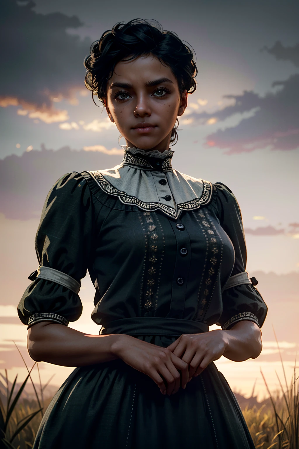 ((ultra detailed, masterpiece, absurdres))
 <lora:RDR2Tilly:0.8>
RDR2Tilly, 1girl, dark skin, black hair, looking at viewer, soft lighting, ethereal atmosphere, gentle color palette, graceful pose, peaceful background