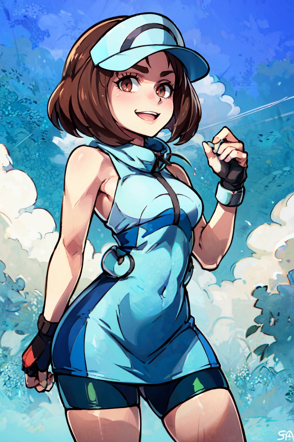 ((masterpiece,best quality)), absurdres,  BREAK,, <lora:Ace_Trainer_Pokemon_SM:0.7>, ace trainer (pokemon), short hair, brown hair, brown eyes, sleeveless, bike shorts, blue headwear, fingerless gloves, visor cap, , BREAK, hip to the side, contrapposto,, BREAK, solo, smile, looking at viewer, cowboy shot,