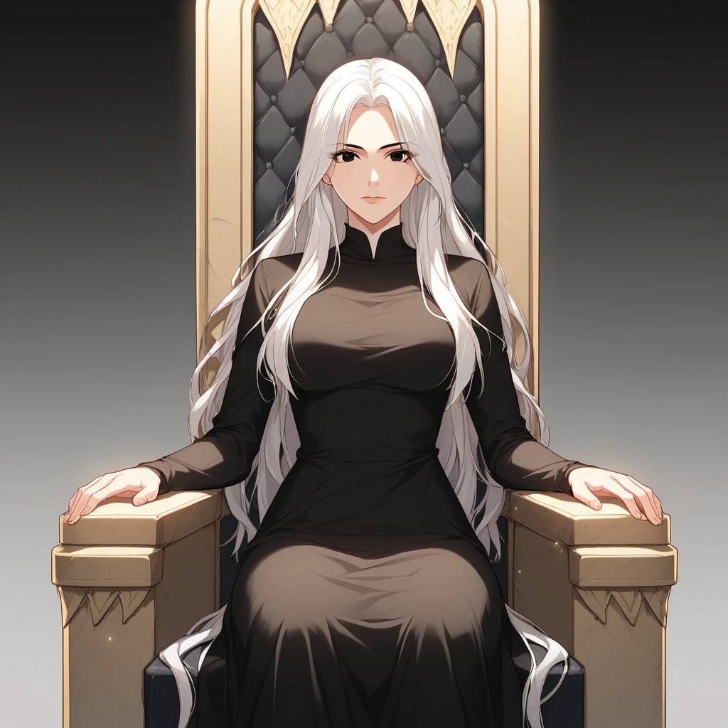 score_9_up, score_8_up, BREAK, Manhwa, 1girl, solo, white hair, black eyes, long hair, <lora:Manhwa_Style_PXL_Leaf1:1>,  looking at viewer,  depth of field, cowboy shot, gradient background, black dress, sitting on throne,