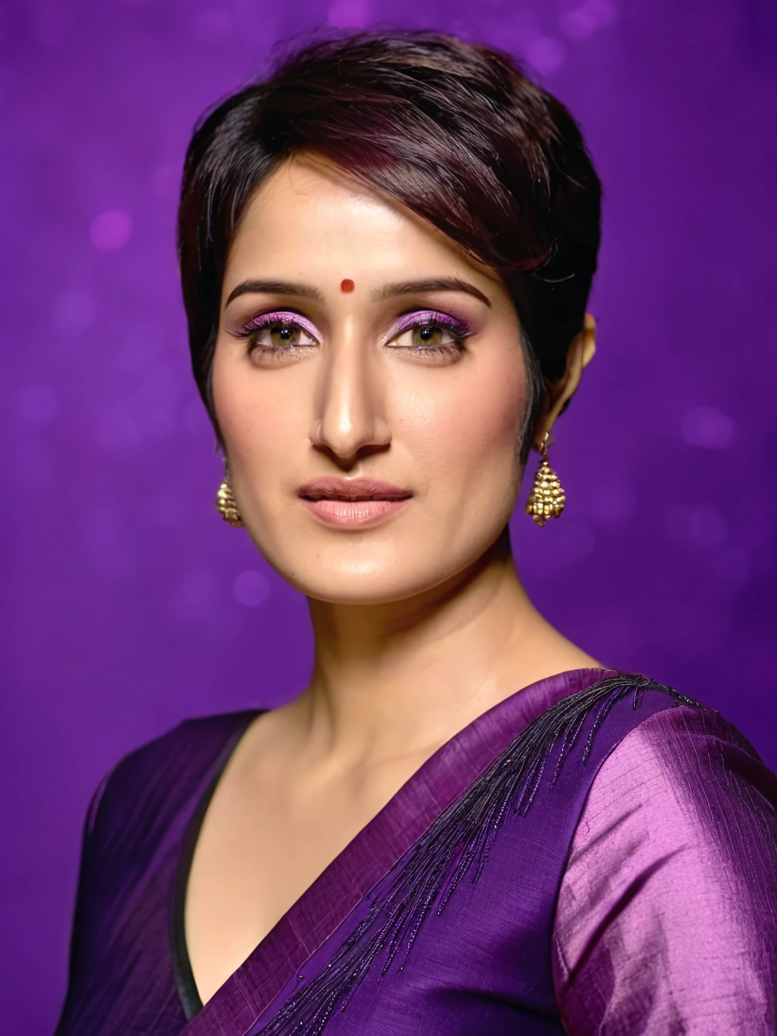 portrait photo of sagarika ghatge woman, solo, pixie hair cut, , looking at the camera, Aubergine ethnic clothing, , contrasting background bokeh <lora:Sagarika_Ghatge_SDXL_LoRA_prodigy_local-000002:1>