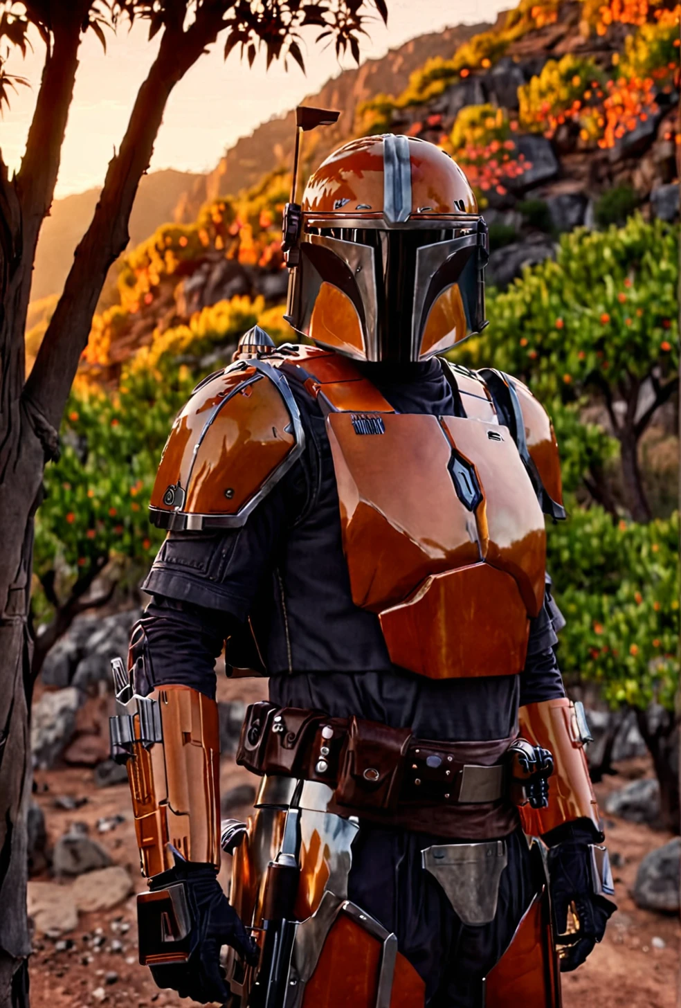 7-MandalorianArmour, 1boy,  standing on mountain, peach trees, sunset
moody lighting, orange reflections, armour trim, accurate armour
[cinematic masterpiece, slow motion, highly detailed armour, smooth reflective armour, realistic armour, metallic  intricate patterns]
<lora:Mandalorian Armour SDXL:0.8>