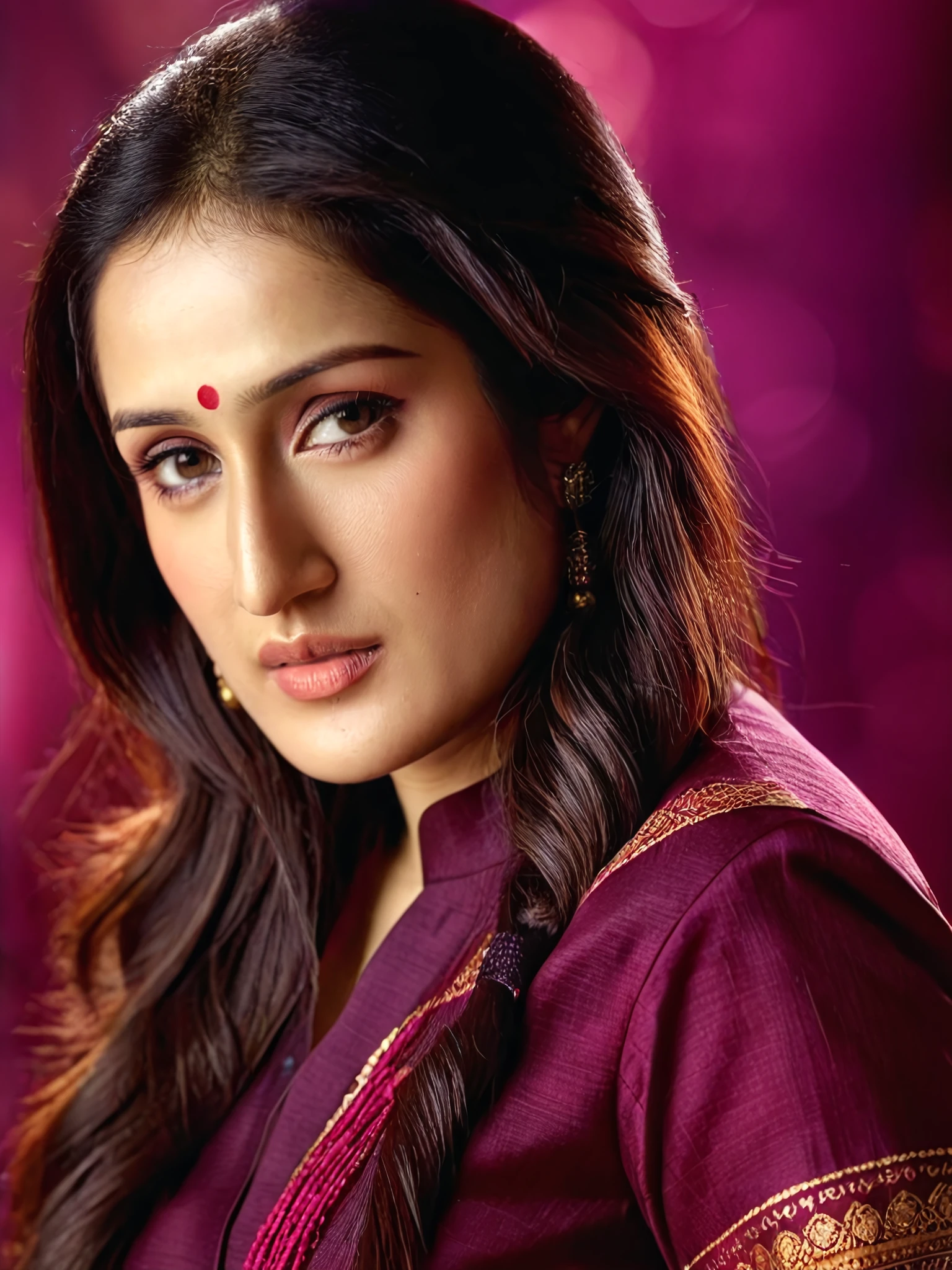 portrait photo of sagarika ghatge woman, solo, , serious look, looking at the camera, Maroon ethnic clothing, , contrasting background bokeh <lora:Sagarika_Ghatge_SDXL_LoRA_prodigy_local-000002:1>