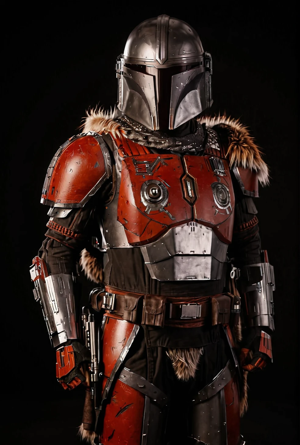 7-MandalorianArmour, 1boy,  full body, standing on black sand, fur coat, fur trim, detailed fur
realistic armour, metallic  intricate patterns
red lighting, dark reflections, gunmetal armour trim, accurate armour
[cinematic masterpiece, slow motion, highly detailed armour, smooth reflective armour]
  <lora:add-detail-xl:0.5> <lora:Mandalorian Armour SDXL:0.8>