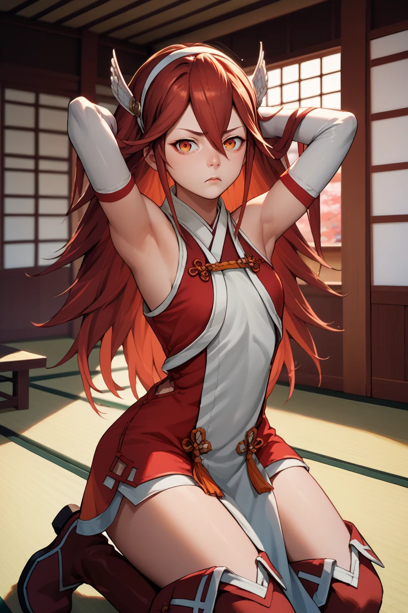 score_9, score_8_up, score_7_up, score_6_up, source_anime, BREAK 1girl, solo <lora:fecaeldori-pdxl-nvwls-v1:1> caeldori, red hair, wing hair ornament, hairband, , red and white dress, elbow gloves, thigh boots, kneeling, seiza, arms behind head, confused, indoors, japanese architecture, japanese house, looking at you