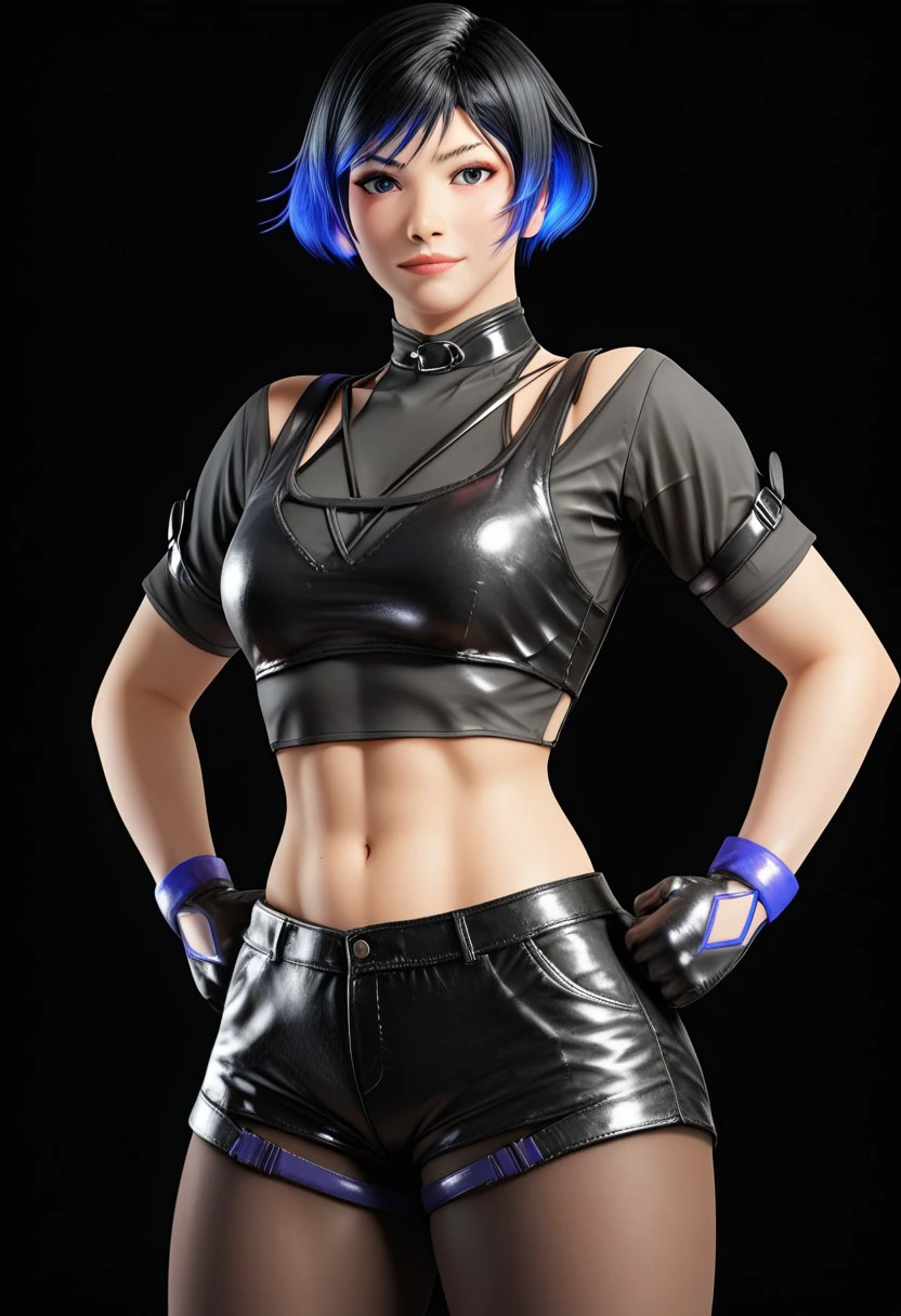 score_9, score_8_up, score_8_up,
reina mishima, reina mishima \(tekken\),reina mishima outfit \(tekken\), 1girl, solo, breasts, looking at viewer, short hair, simple background, black hair, gloves, navel, blue hair, short sleeves, pantyhose, multicolored hair, shorts, black gloves, midriff, two-tone hair, lips, crop top, short shorts, black shorts, black background, hands on hips