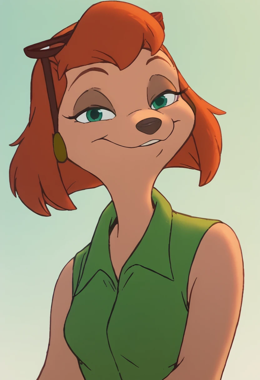 Sylvia, 1girl, solo, furry female, sleeveless, shirt, smile, green shirt, short hair, green eyes, half-closed eyes, animal noselooking at viewer, score_9, score_8_up, score_7_up, score_6_up, score_5_up, score_4_up <lora:SylviaMarpolePony1.0:1> ,simple background,