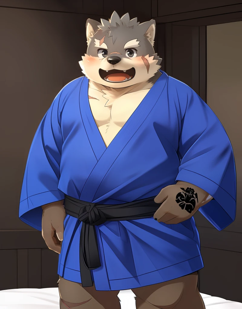 (((detailed eyes, detailed face))), (furry, moritaka <lora:character_moritaka_findigo_v3+1:1>, two-tone fur, dog boy, snout, black eyes, scar, tattoo on hand), male, (solo), (plump, fat, chubby, overweight), (blue yukata, happi), standing, (arms behind back), smile, (front view) BREAK (konzaburou, ukan_muri), bedroom, (flat shading, flat color, high brightness), 8k, UHD, masterpiece, (full body), (scar on face, scar on cheek, scar on arm, scar on nose)