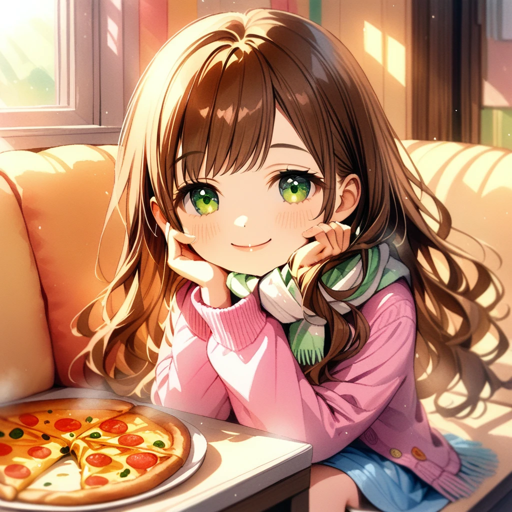 rating_safe, solo, 1girl, smile, sitting, hand on own cheek, pizza, plate, food, indoors, brown hair, green eyes, long hair, scarf, white scarf, pink cardigan, blue skirt, looking at viewer