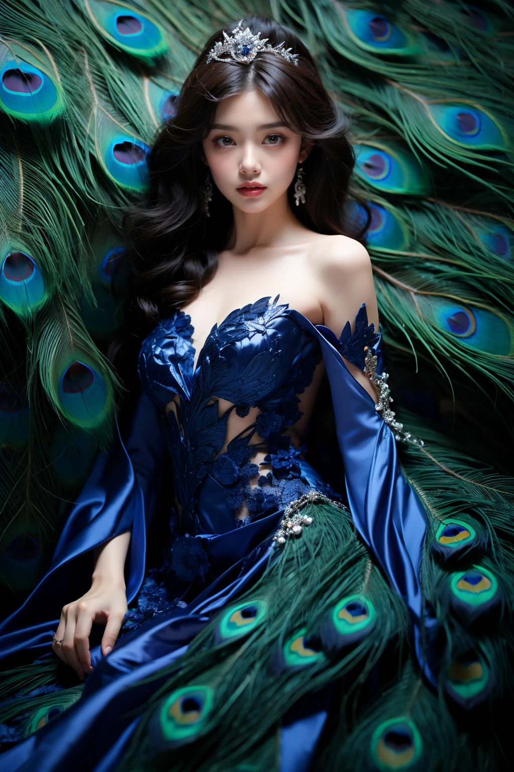 photorealistic,realistic,photography,masterpiece,best quality,ultra-detailed,extremely detailed, 8k wallpaper,1girl,looking at viewer,off shoulder,tiara,makeup,breasts,black hair,curly hair,lips,dress,jewelry,earrings,bird,blue dress,strapless dress,peacock feathers dress, abstract,Peacock feathers in background,<lora:JAY -  FEATHERS BLUE DRESS:0.8>