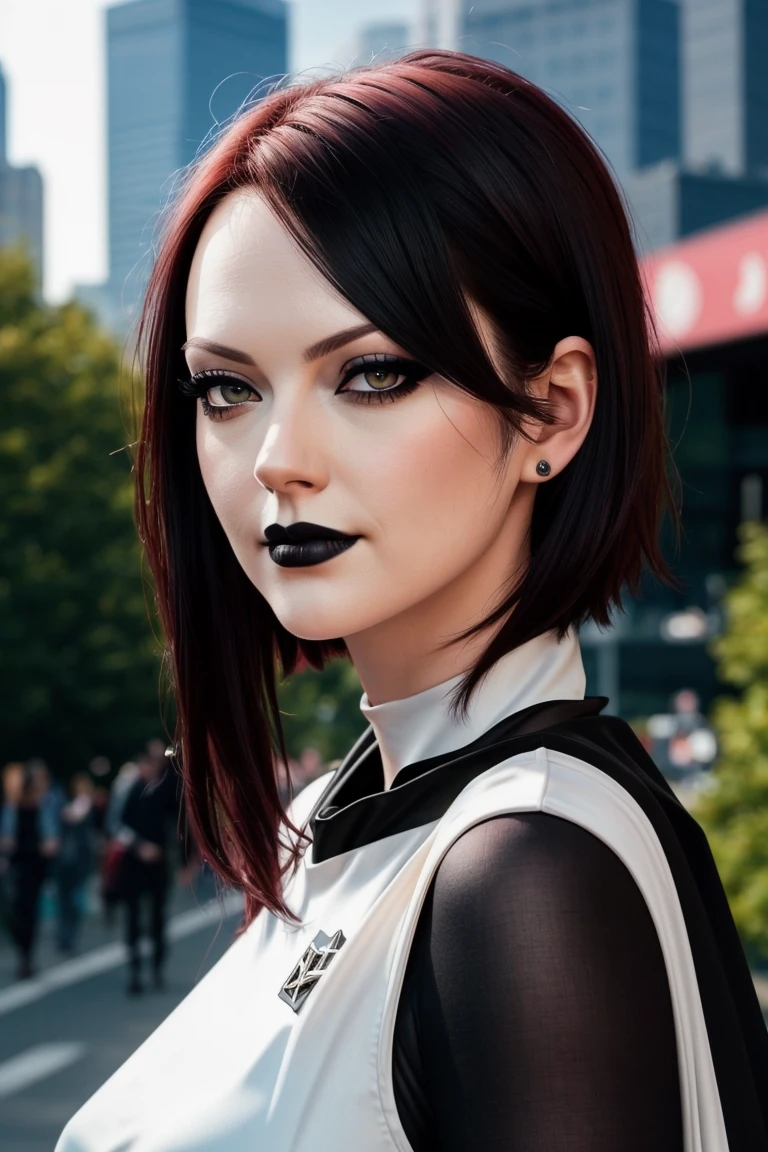 megwhite-306, ,photo of a woman, RAW, close portrait photo, ((black bodysuit, cape)),((short hair, dark red hair)), ((outdoors, detailed scifi city, walking)), slim body, ((detailed skin, detailed face):1.2), ((detailed eyes, beautiful eyes)), 8k uhd, dslr, soft lighting, high quality, film grain, Fujifilm XT3 sharp focus, f 5.6,((black lipstick, heavy eyeliner, heavy eye shadow, goth makeup, pale skin)) , smiling ((detailed eyes, beautiful eyes, detailed face, beautiful face)),