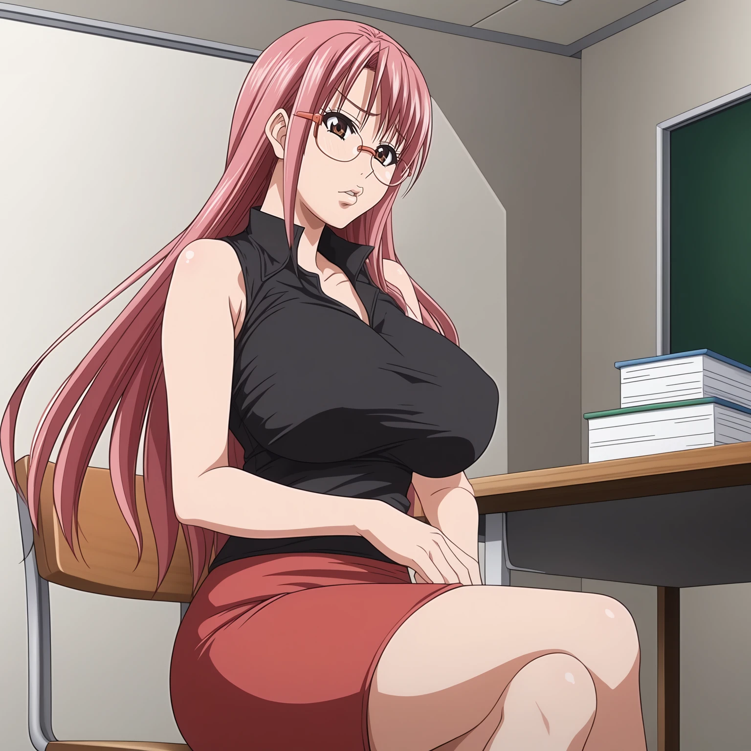 <lora:AyanoChuzenjiXLpony001>,
parted lips,
solo,
AyanoChuzenji,1girl,pink hair,long hair,brown eyes,eyewear,
large breasts,
female teacher,black shirt,sleeveless,
red skirt,
indoors,
sitting,