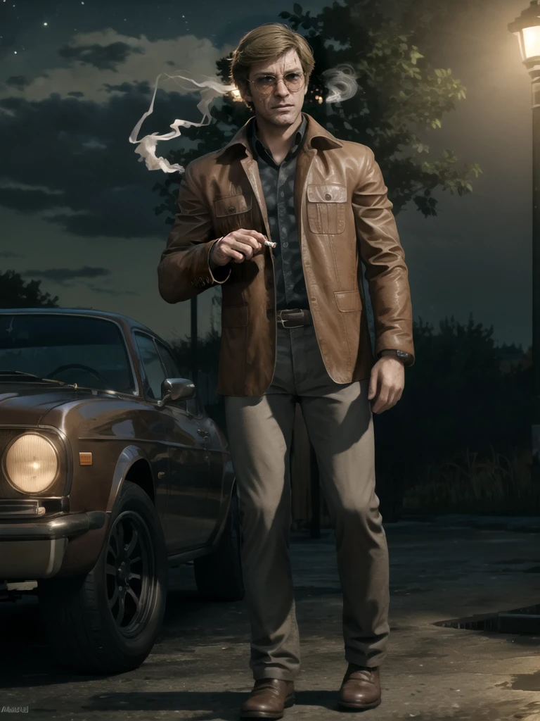 1boy, male focus, solo, full body, russell adler, blonde hair, sunglasses, (scar), leather jacket, brown jacket, collared shirt, (holding cigarette in hand:1.2), pants, belt, footwear, outdoors, night,
BREAK, best quality, highres, realistic, 
<lora:Adler:1>