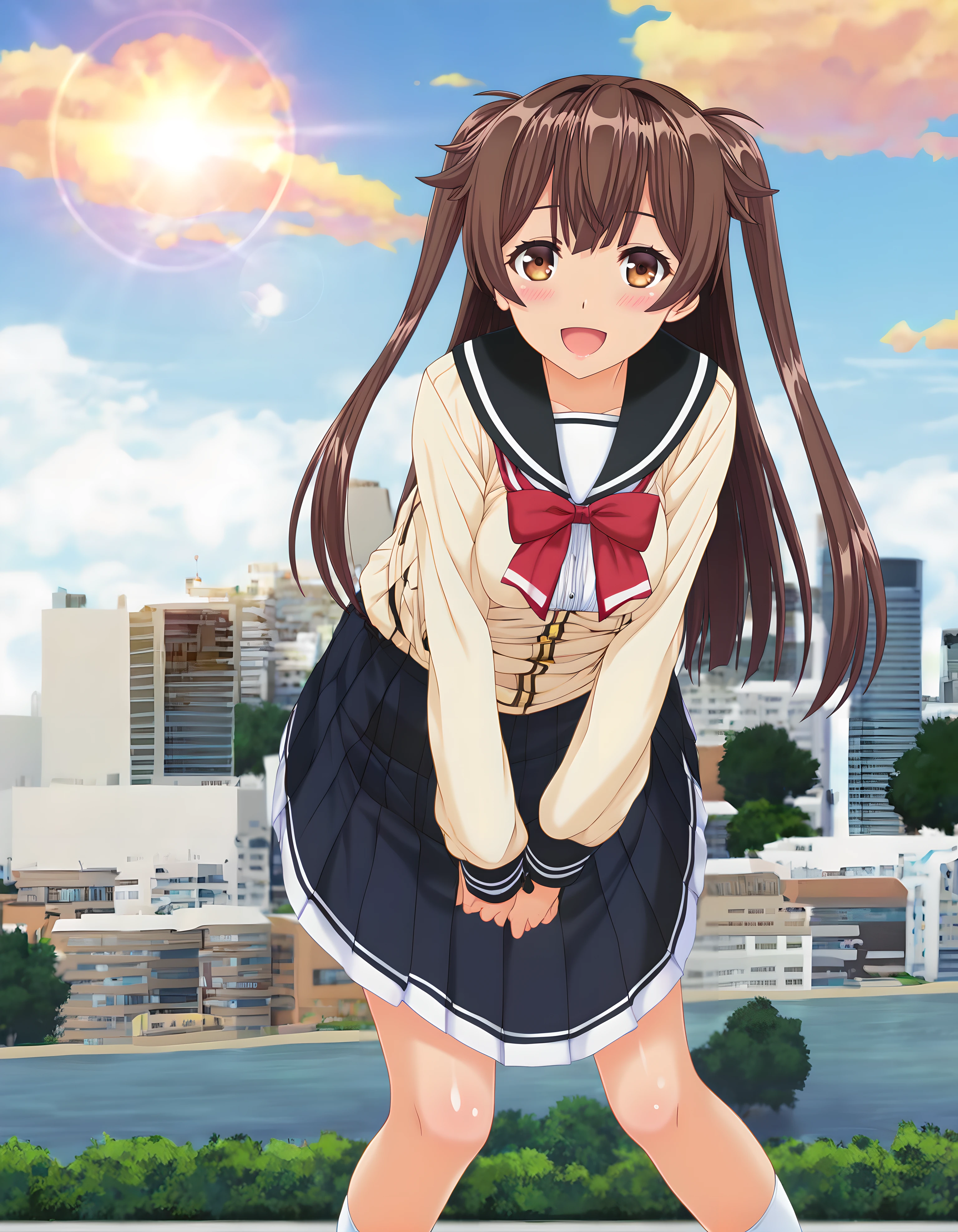 <lora:pony_xl_muku:0.8>,muku,score_9,source_anime,best quality,masterpiece,super fine illustration,1girl,solo,looking at viewer,cowboy_shot,looking_at_viewer,front view,school_uniform,sailor,summer_uniform,plaid_dress,miniskirt,kneehighs,bright girl,:d,smile,blush,open mouth,standing,hands_on_own_knees,leaning_forward,knees_together_feet_apart,hair_flaps,hair fluttering in the wind,wind,in summer,day,city,cityscape,lens_flare,blurry,