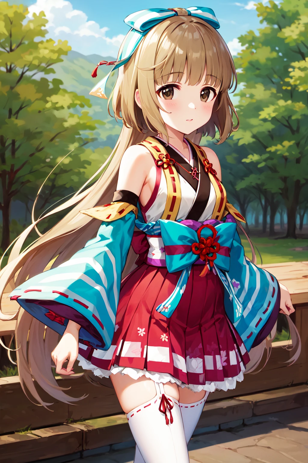 masterpiece, best quality, highres, aayoshino, long hair, hair bow, bare shoulders, striped, japanese clothes, sleeveless kimono, detached sleeves, ribbon trim, kimono skirt, pink skirt, white thighhighs, <lora:yorita_yoshino_v1:0.7>, standing, cowboy shot, outdoors, arms at sides,