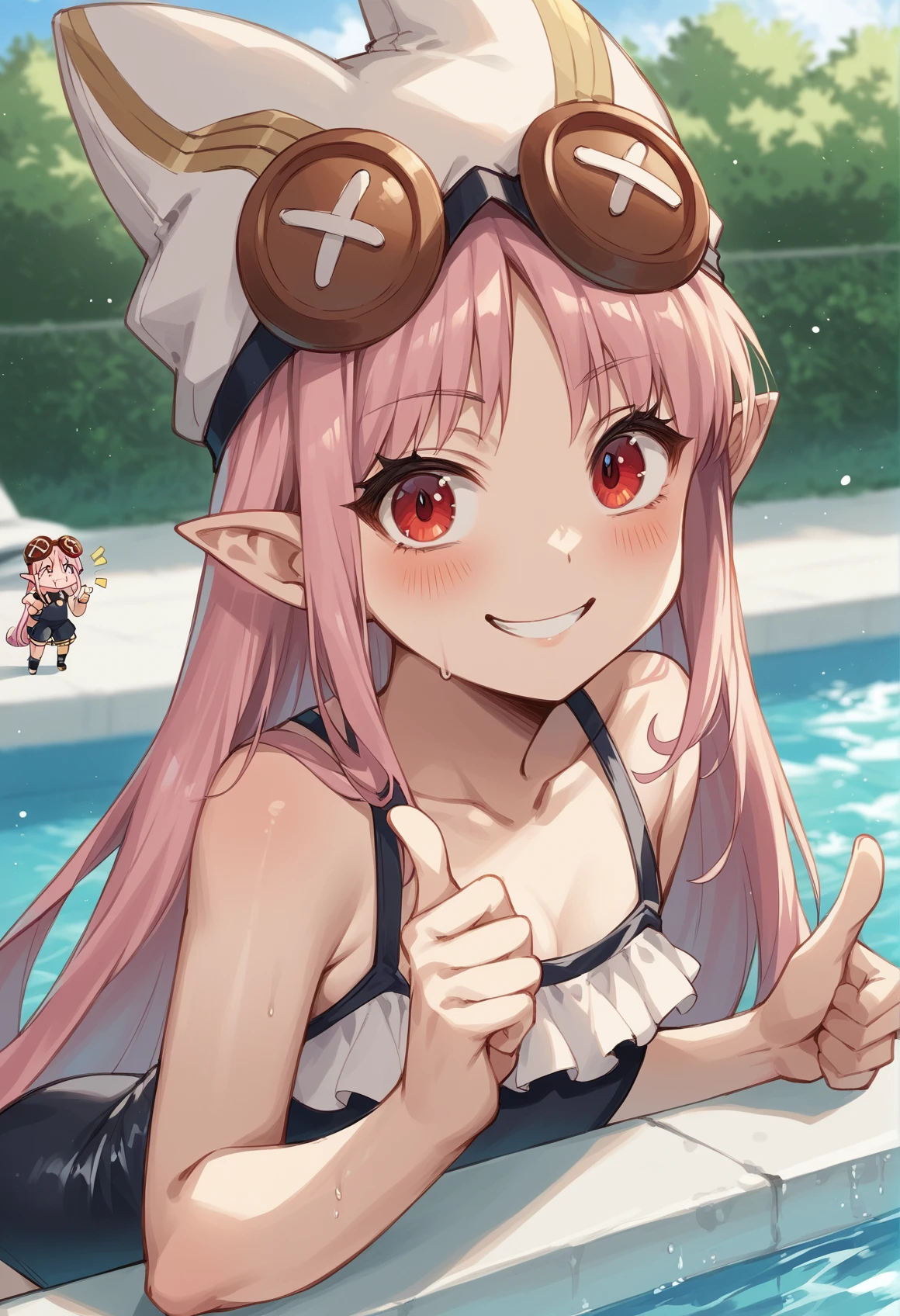 1girl, minigirl, long hair, sidelocks, pink hair, red eyes, pointy ears, swim cap, Goggles On Head, swimsuit, frills, cat print, smile, closed mouth, blush stickers, thumbs up, outdoors, pool, upper body, looking at viewer,  <lora:Habetrot:1>, score_9, score_8_up, score_7_up, score_6_up, score_5_up, score_4_up, BREAK source_anime, masterpiece