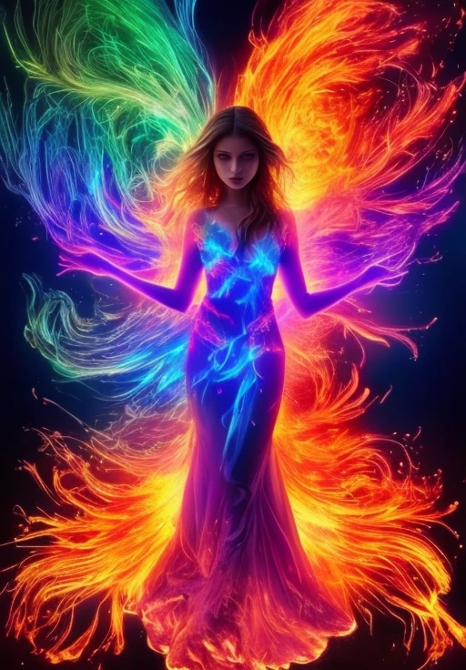 Dreamscape girl, sexy girl, pretty, stunning, beautiful,  <lora:colorflames2:1>, colorflames, colorful flames, colorful fire, on fire, blue fire, green fire . Surreal, ethereal, dreamy, mysterious, fantasy, highly detailed