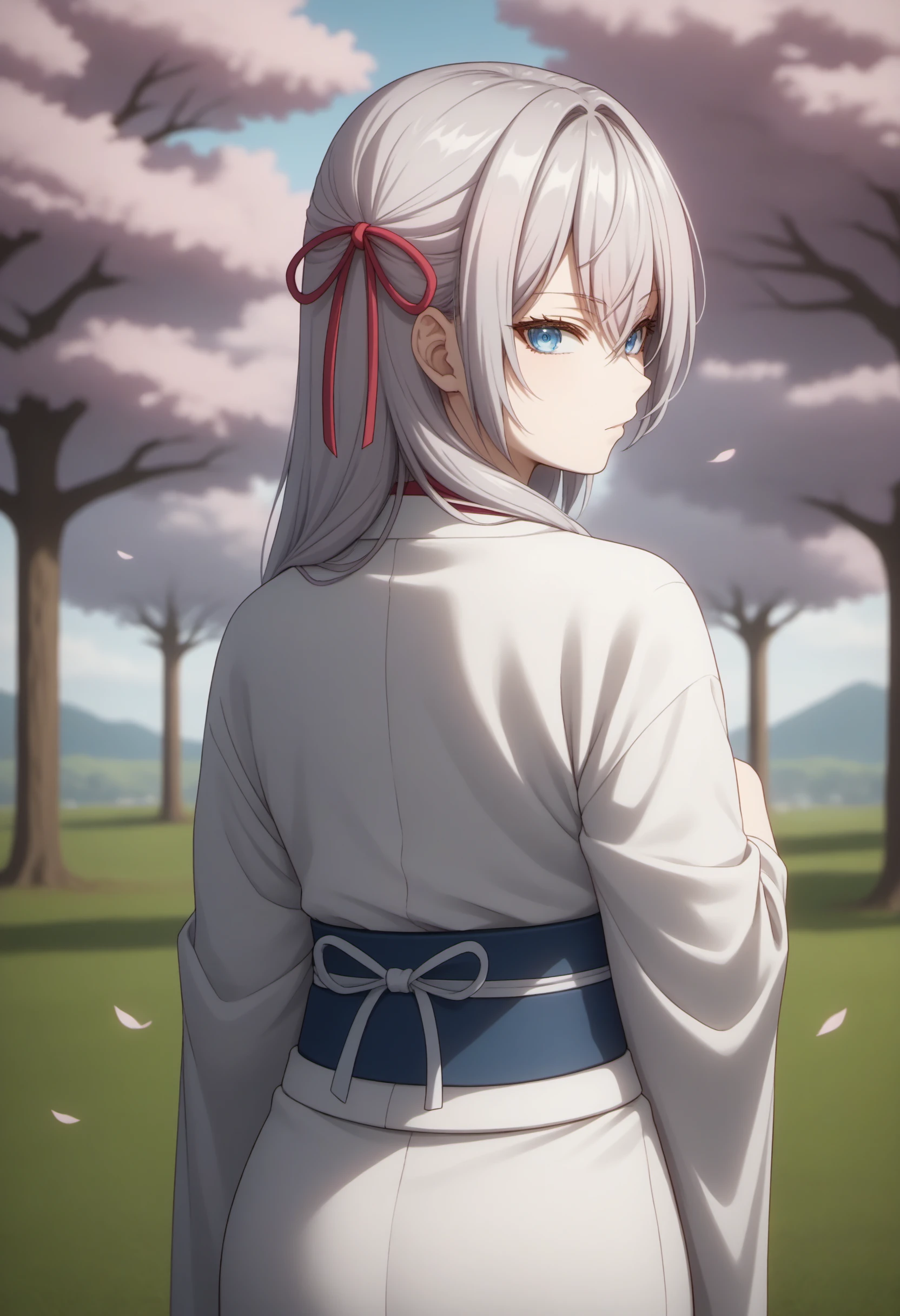 score_9,score_8_up,score_7_up,source_anime BREAK 1girl,solo,tokialya,long hair,blue eyes,grey hair,hair between eyes,bangs, hair ribbon, looking at viewer BREAK kimono, from behind,firework <lora:Roshidere_Alya_ponyXL:1>