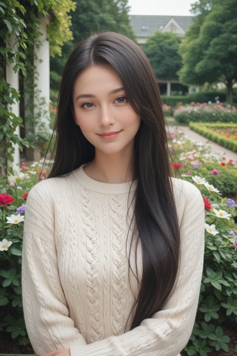 score_9,score_8_up,score_7_up,
masterpiece, 20 years old, 8k, hd, beautiful girl, black hair, very long hair, straight hair, light smile,
1girl, detailed face, beautiful woman's face, sweater, garden, full of flowers, looking at viewer, upper body, half body,