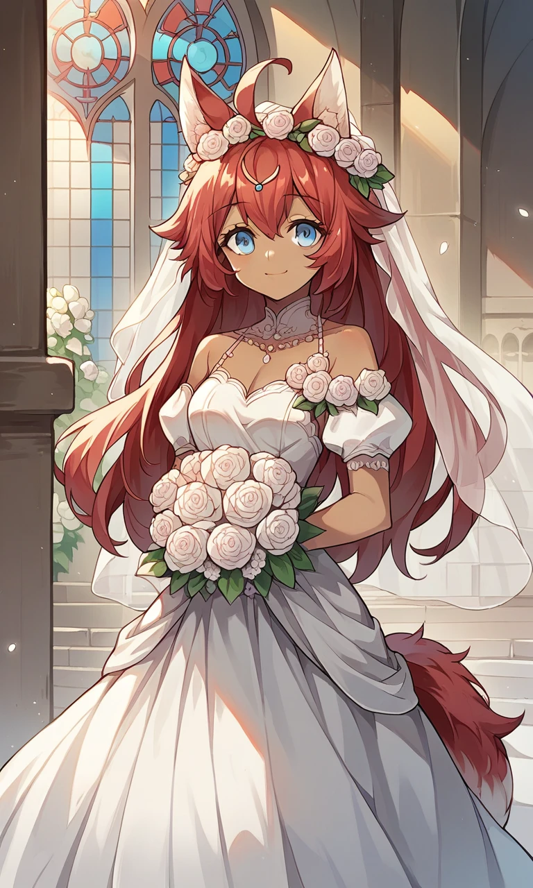 score_9, score_8_up, score_7_up, source_anime, 1girl, fuuka, dark skinned female, smile, blue eyes, red hair, long hair, ahoge, animal ears, tail, church, indoors, wedding, wedding dress, white dress, flowers, portrait, facing forward, portrait, 