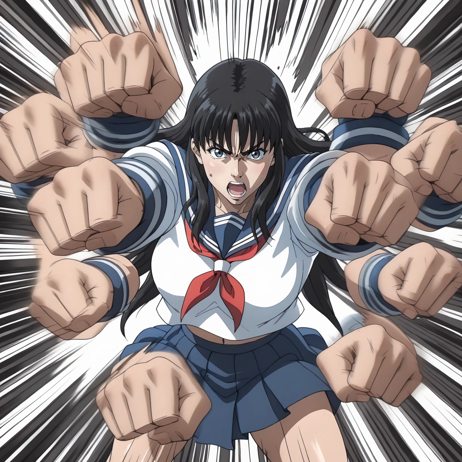 1girl,black hair,long hair,
solo,
looking at viewer,
serafuku,fighting_stance,
BREAK
<lora:rushpunchXLpony002>,
rushpunch,punching,multiple hands,fists,clenched fists,(motion_blur:1.2),(motion line:1.1),speed_lines,