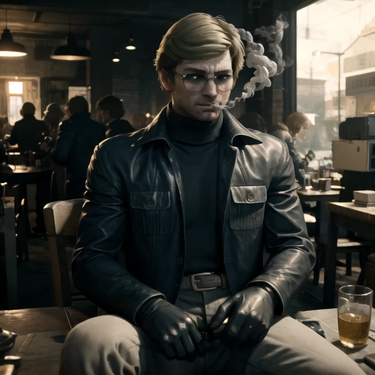 1boy, male focus, solo, cowboy shot, russell adler, blonde hair, sunglasses, (scar), leather jacket, (black jacket), (gloves), yellow turtleneck, grey pants, belt, looking down, smoke, sitting, table, indoors,
BREAK, best quality, highres, realistic,
<lora:Adler:1.1>