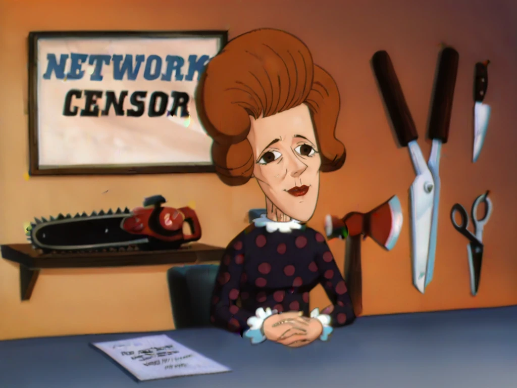 <lora:Network_Censor_Woman_-_Freakaziod_-_1995-10:0.9> 1girl, mature, brown hair, purple dress with maroon polka dots, white collar, white cuffs, wrinkled face, lipstick, lazy eye, smug, , indoors, english text, english text that reads "network censor", orange wall, chainsaw on shelf, scissors on wall, fire awe on wall, hedge_clippers on wall, boning_knife on wall, paper on desk with writing, plaque, blue desk, desk chair,, source_cartoon, score_9, score_8_up, score_7_up,