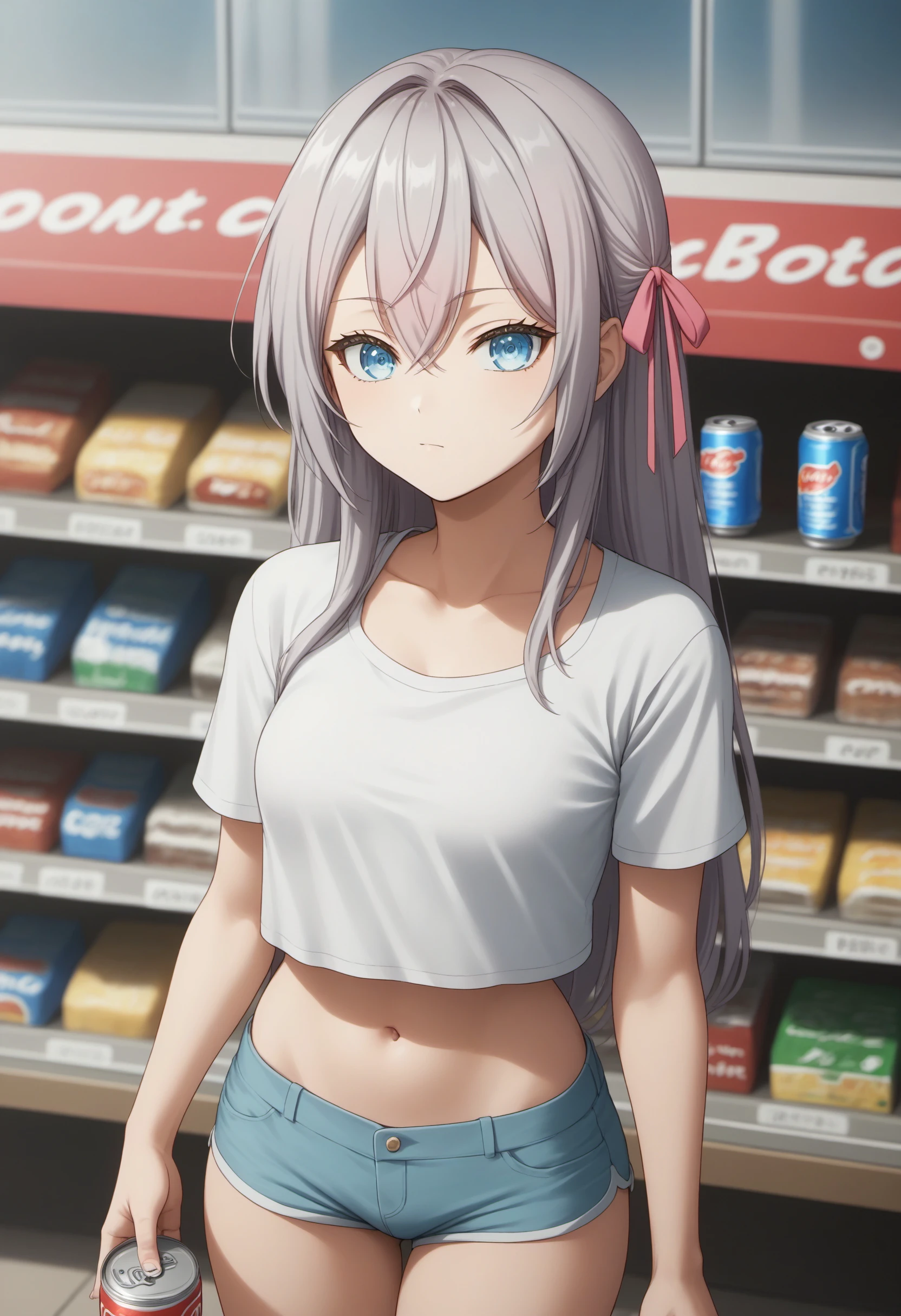 score_9,score_8_up,score_7_up,source_anime BREAK 1girl,solo,tokialya,long hair,blue eyes,grey hair,hair between eyes,bangs, hair ribbon, looking at viewer BREAK crop top,hotpants, midrif, drinking coca can,standing infront of vending mashine, front of japanese Supermarket <lora:Roshidere_Alya_ponyXL:1>