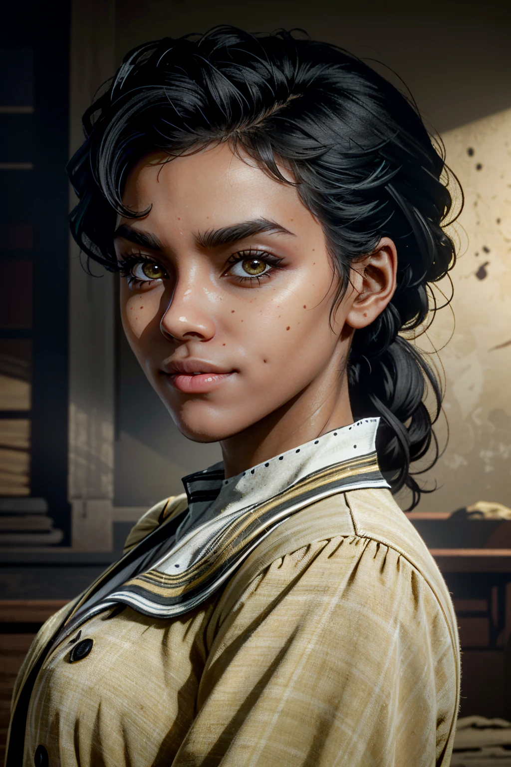 ((ultra detailed, masterpiece, absurdres))
 <lora:RDR2Tilly:0.8>
RDR2Tilly, 1girl, dark skin, black hair, looking at viewer, portrait