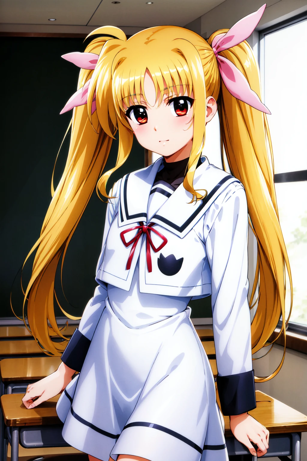 masterpiece, best quality, highres, aafate, long hair, twintails, hair ribbon, pink ribbon, small breasts, school uniform, white sailor collar, neck ribbon, collared shirt, white shirt, white dress, long sleeves, <lora:fate_testarossa_v1:0.7>, standing, cowboy shot, classroom