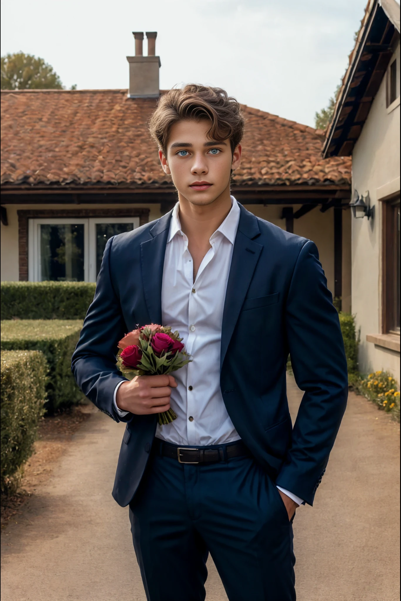 <lora:Darren_GV:1> An incredibly attractive, 1boy, short brown hair, blue eyes, young man, wearing a suit and pants with an open jacket, and dress shirt, holding a bouquet of flowers, standing outside a house, waiting for his date.