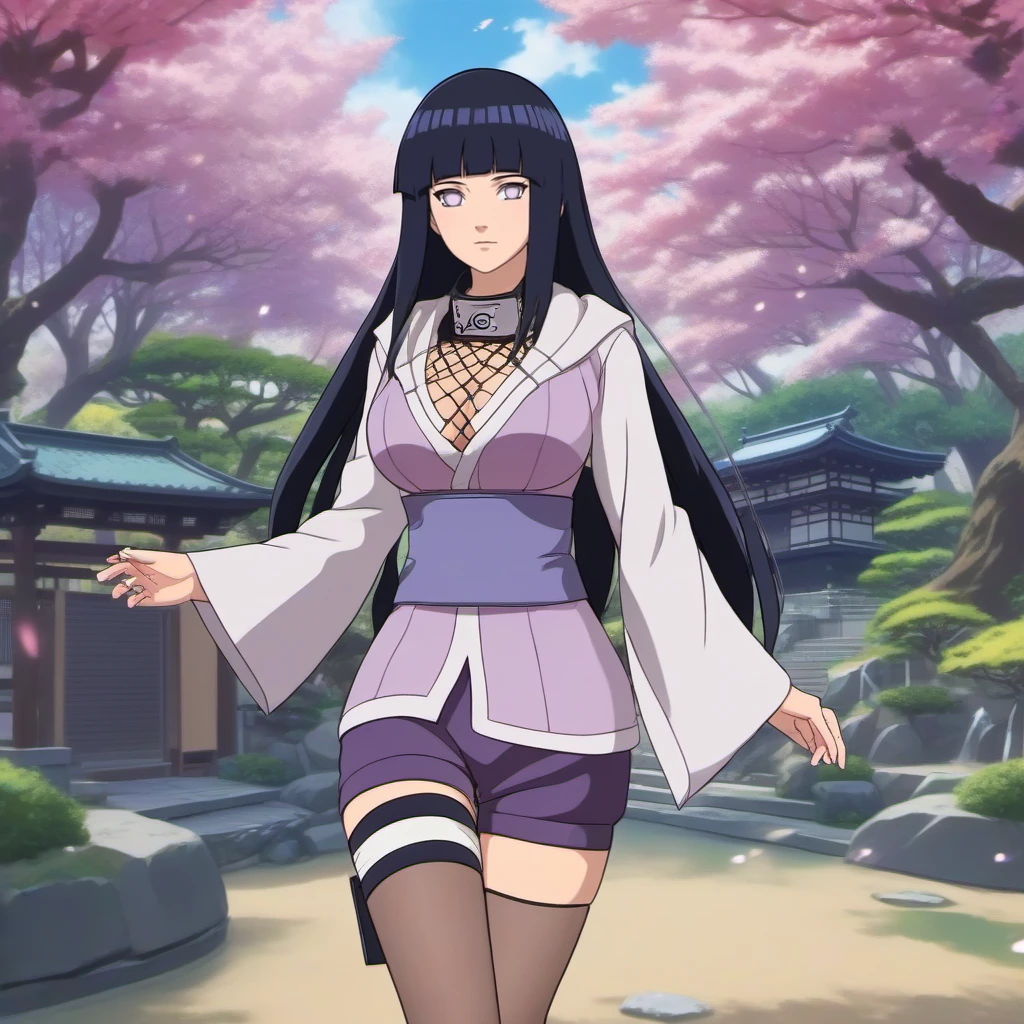 anime artwork a full body woman, long black hair, bangs, white eyes, no pupils,  large breast,  fishnets cleavage, japanese clothes, konohagakure symbol choker,  toeless footwear, thighhighs, casting a powerfull spell in japanese garden <lora:Hinatahyuga1024_r1:0.8>  . anime style, key visual, vibrant, studio anime,  highly detailed