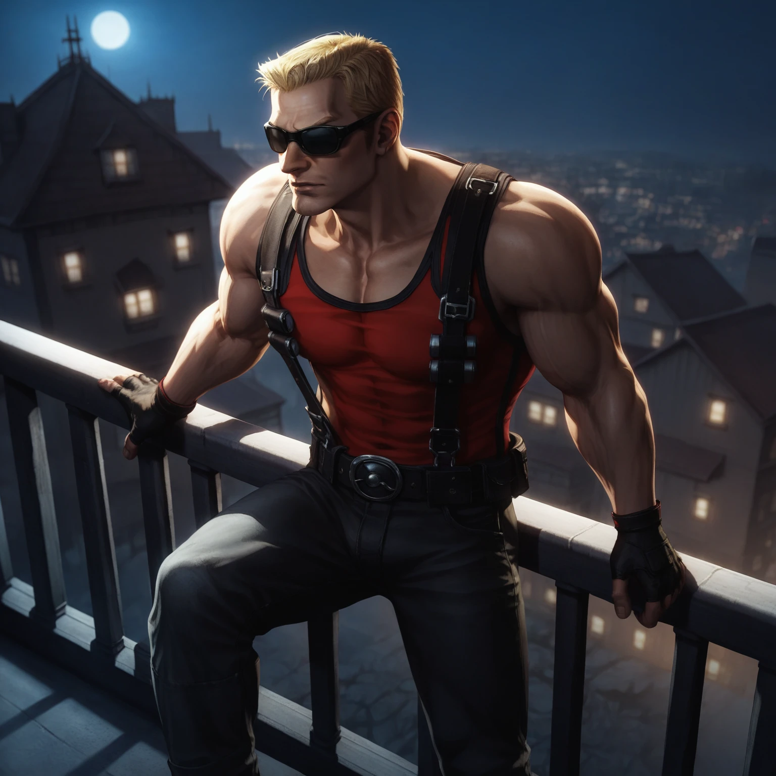 score_9, score_8_up, score_7_up, 
blonde hair, muscular, sunglasses, manly, 
tank top, pants, bandelier, fingerless gloves, belt, suspenders, 
dark background, night, outdoors, rooftop, above clouds, metal railing, 
1boy, solo, standing, legs apart, knee up, leaning forward, 
xdnukemx <lora:xdnukemx-000012:0.7>