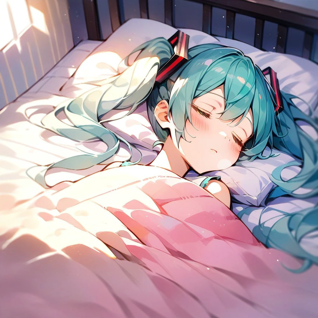 score_9,score_8_up,score_7_up,score_6_up,score_5_up,score_4_up, solo, 1girl, hatsune miku, twintails, aqua hair, closed eyes, sleeping, indoors, bed, on bed, lying, on back, blanket