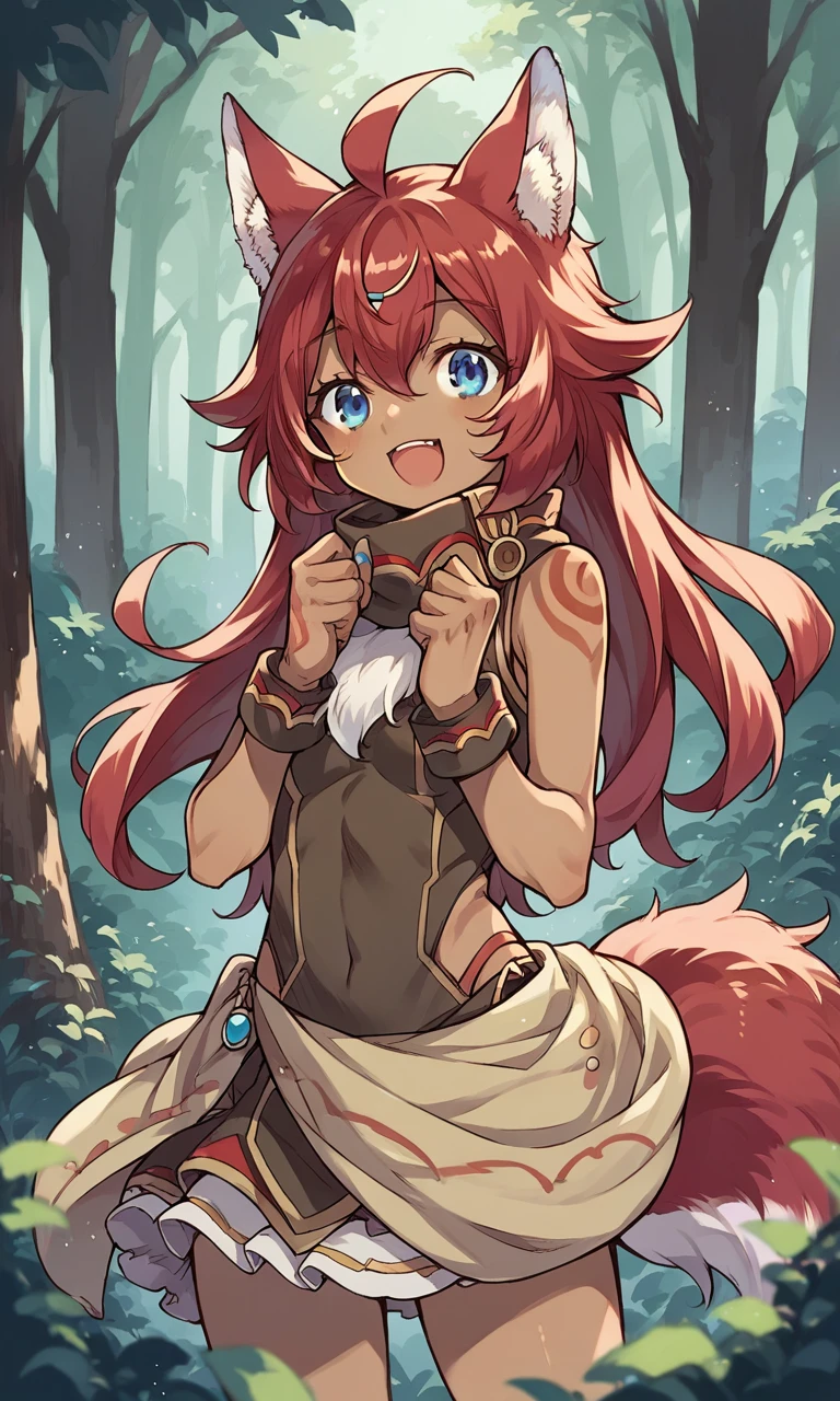 score_9, score_8_up, score_7_up, source_anime, 1girl, fuuka, dark skinned female, happy, forest, blue eyes, red hair, long hair, ahoge, animal ears, tail