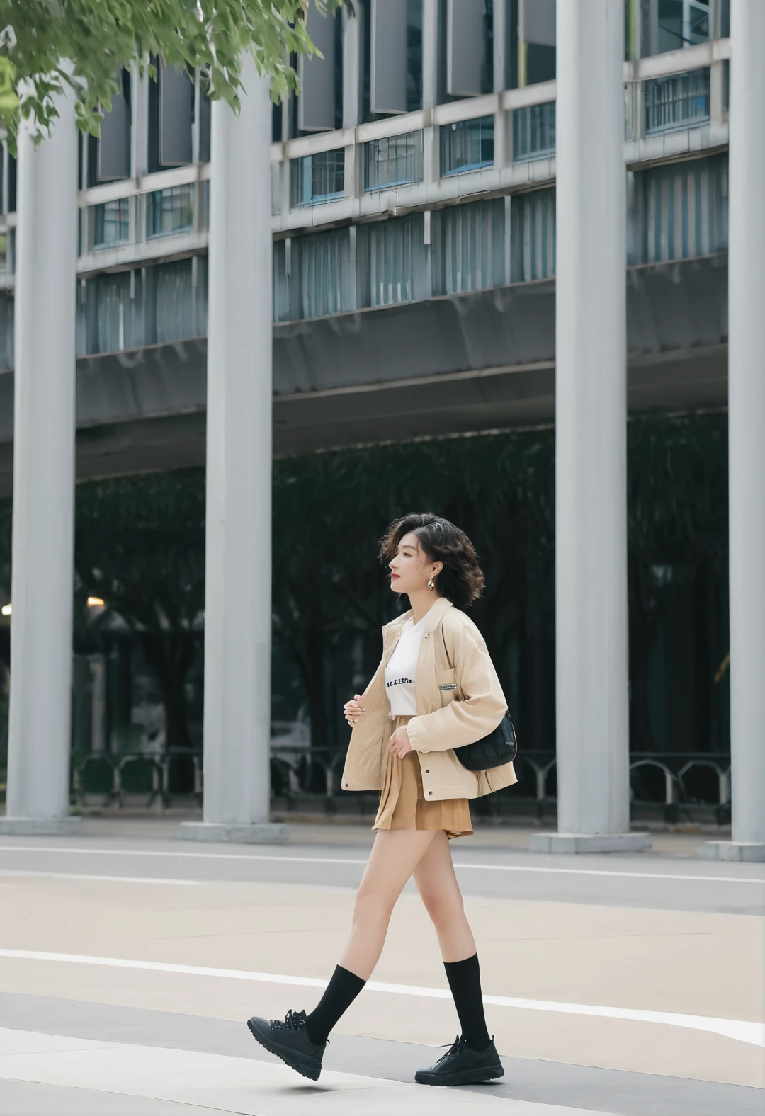 her name is Asako, high quality, 1girl, ((20-year-old fit Caucasian woman)), ((20 years old)), ((slim)), ((Wavy Bob)), pose: standing, wearing stylish fashionable Generation-Z modern wear different colored, BACKGROUND:At the Summer Palace, with tranquil lakes, ornate pavilions, and the majestic Longevity Hill