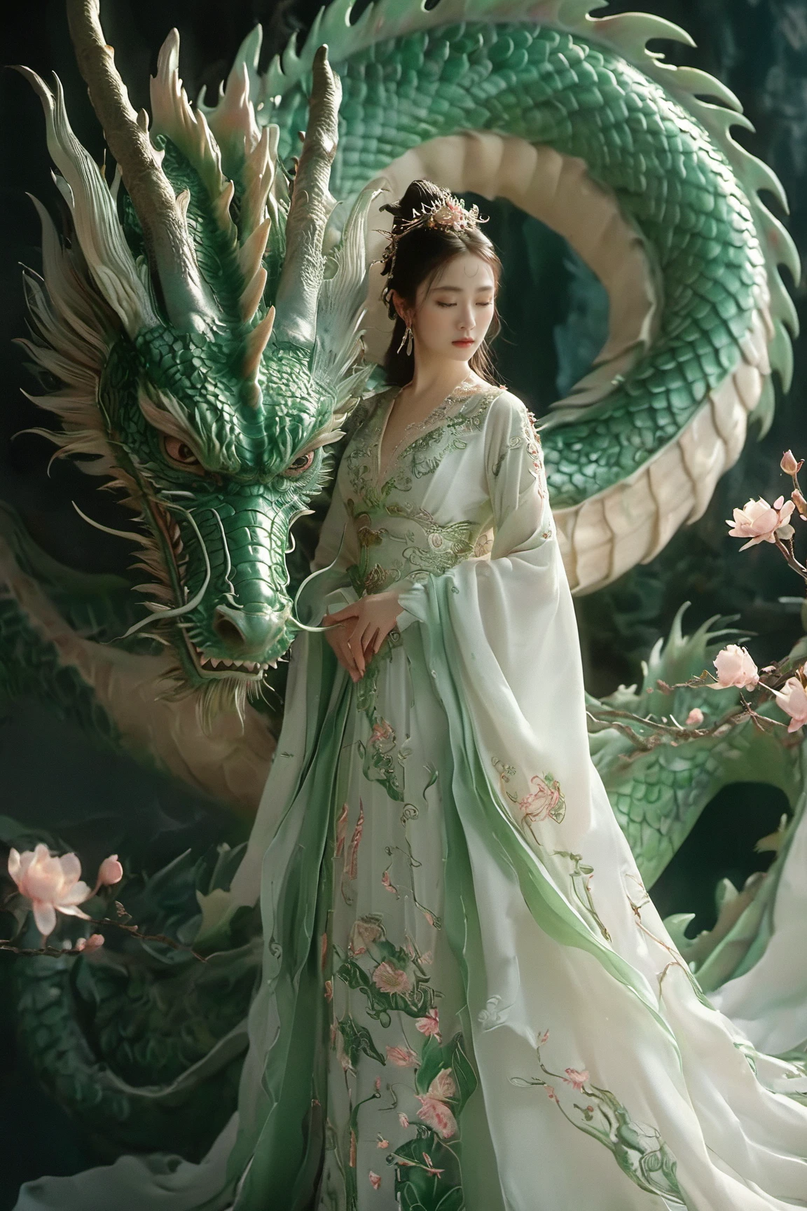 A serene scene where a woman, adorned in a traditional green and white dress, stands gracefully beside a majestic green dragon. The woman wears an ornate headpiece and holds a delicate object in her hand. The dragon, with its intricate scales and fierce yet calm expression, wraps around her, creating a protective and harmonious bond between them. The backdrop is dark, with subtle lighting highlighting the dragon and the woman, and there are floating pink flowers adding to the ethereal atmosphere.,xxmixgirl<lora:EMS-411095-EMS:0.800000>