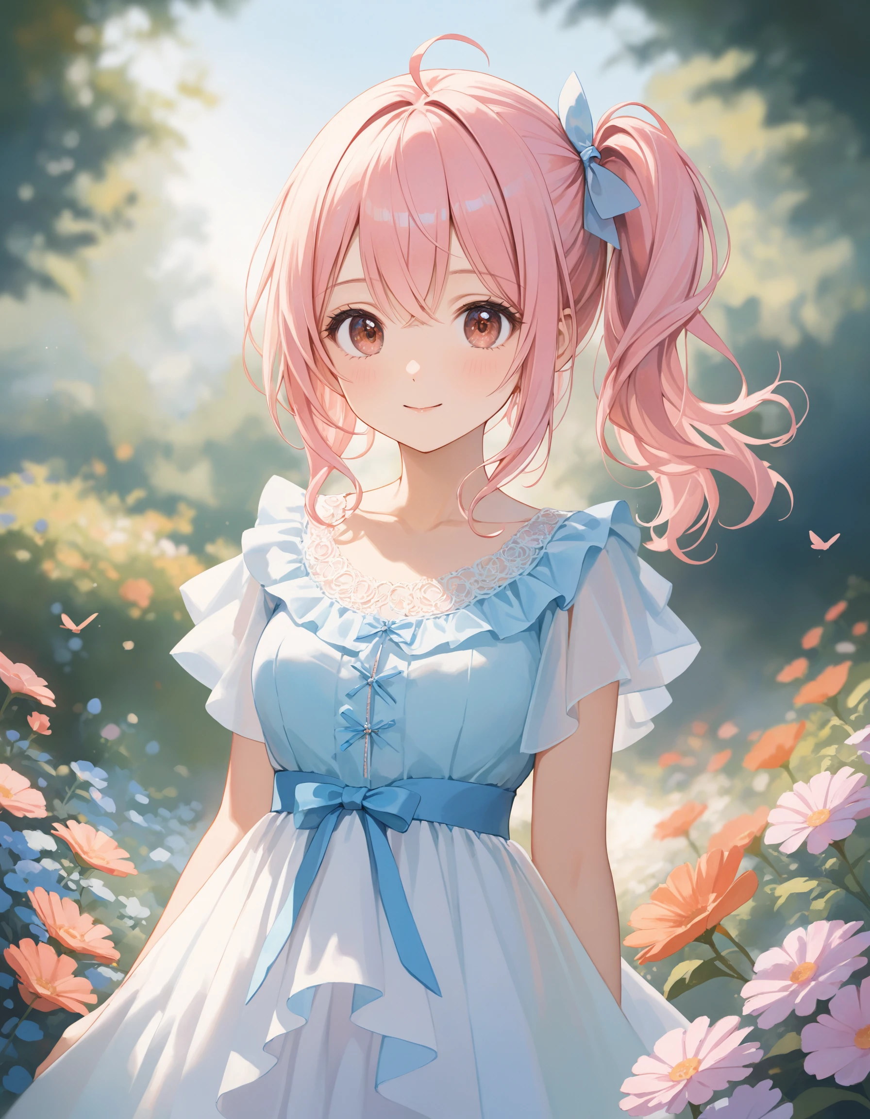 SceneDescription:
- Composition: Portrait. Face focus. Shooting from front.
- Subject: A cute girl.
- Characteristics:
- Face: (Cute round face:1.2).
- Eyes: Detailed brown eyes.
- Hair: Wavy hair, (side ponytail:1.05), pale pink hair, ahoge and hair between eyes.
- Body: Detailed slender body. Medium breasts.
- Clothing: White chiffon a-line dress, flutter short sleeves, layered ruffled skirt and ribbon waist.
- Expression: Happy expression. Close mouth.
- Posing: Contrapposto. Head tilt. Looking at viewer.
- Background: Fashionable flower garden.
- Elements: Blue sky.
Time: Daytime.
Lighting: (Natural lighting:1.4).
ArtStyle: Watercolor. Traditional media. Blurry. Pale pastel colors.
Quality: Intricate details. Extremely detailed. Outstanding intricacies. (Masterpiece:1.2). (Best quality:1.2). (Absurdres absolutely resolution:1.4).
Mood: Pastel atmosphere.