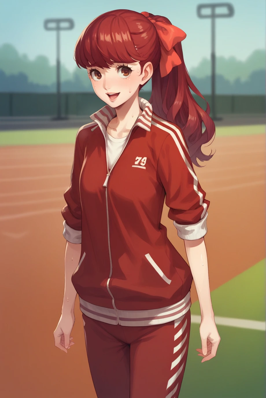 score_9, score_8_up, score_7_up, score_6_up, score_5_up, score_4_up, BREAK source_anime, 1girl, solo,
<lora:KasumiYoshizawaXL-v1-06:0.7>, ChopioKasumi, red hair, long hair, brown eyes, lips, looking at viewer,
ponytail, red hair bow,
outfit_2, red jacket, sleeves rolled up, track jacket, red pants, track suit, track pants, white shirt,
gym, standing, smile, sweat, sweatdrop, shiny skin, open mouth, sunny,