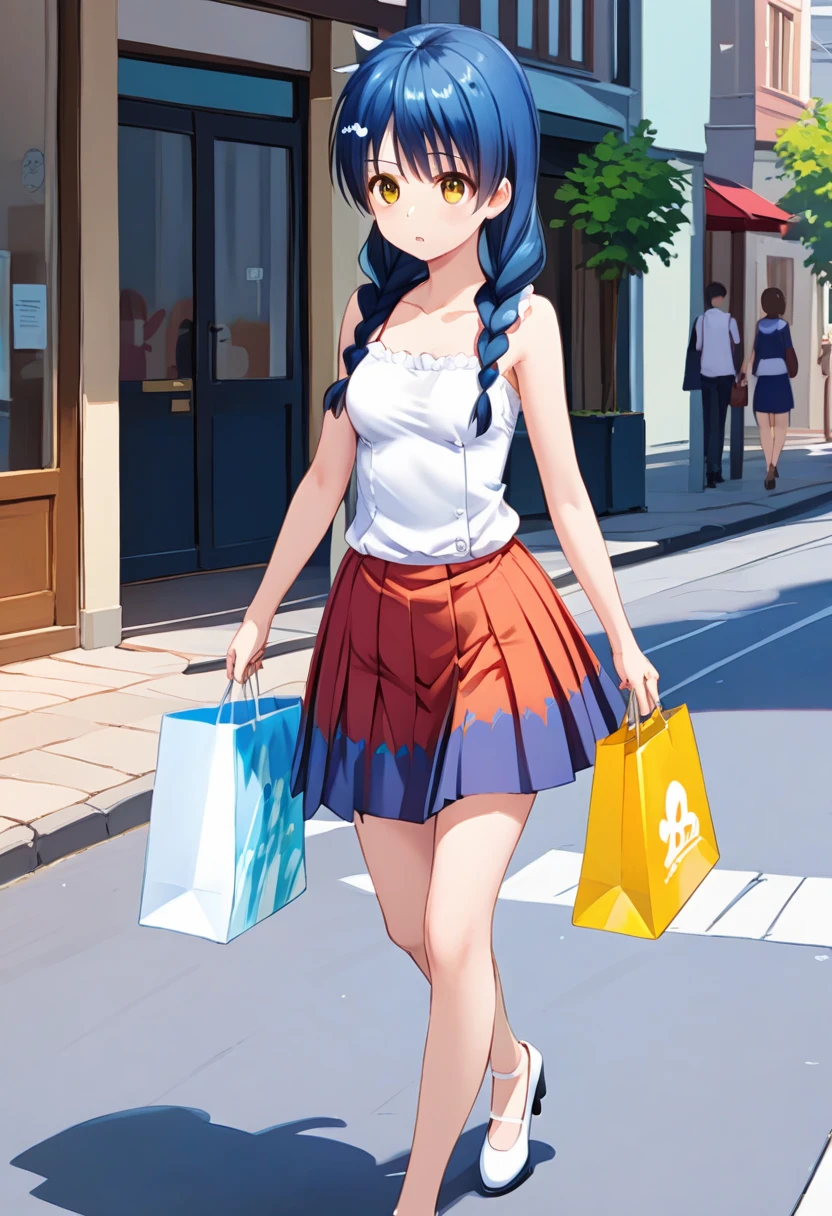 score_9, score_8_up, score_7_up, 
A picture of a young girl  walking on street just finish a big shopping, she is having an ice cream and hold many shopping bags on hand, she is wearing a white lace camisole and a rainbow colored pleated skirt, wearing white high heels, 
tadokoro megumi /(Food Wars/), A Japanese 1girl has blue hair which was bound into twin braids, yellow eyes and brown pupils, round face, (tender and slender:1.21) body with medium breasts,     ï¼<lora:TadokoroMegumi-000008_tusi:1>