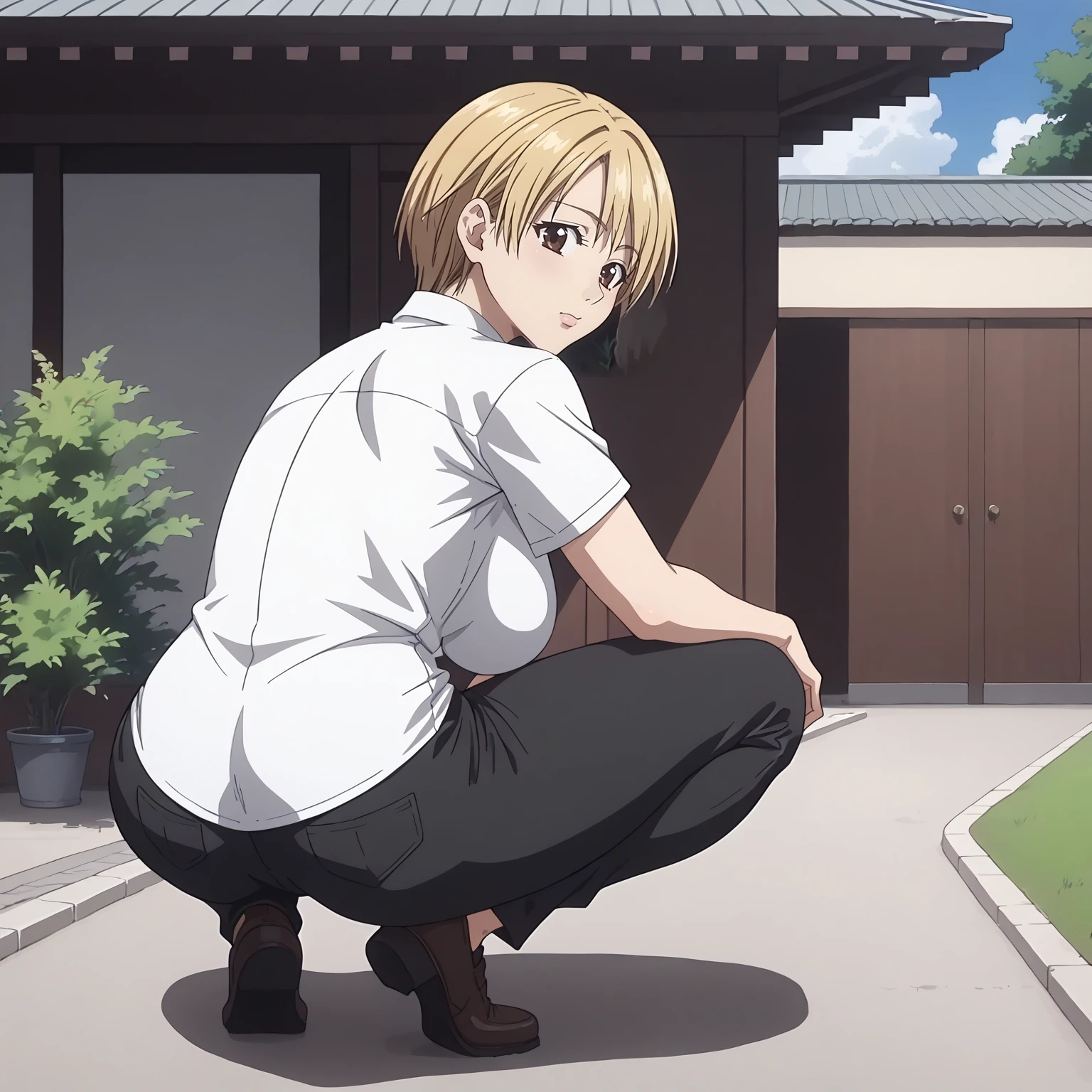 <lora:TomokaSuisoXLpony001>,
solo,
TomokaSuiso,1girl,blonde hair,short hair,brown eyes,
large breasts,
white shirt,
black pants,
outdoors,
full body,squatting,looking back,