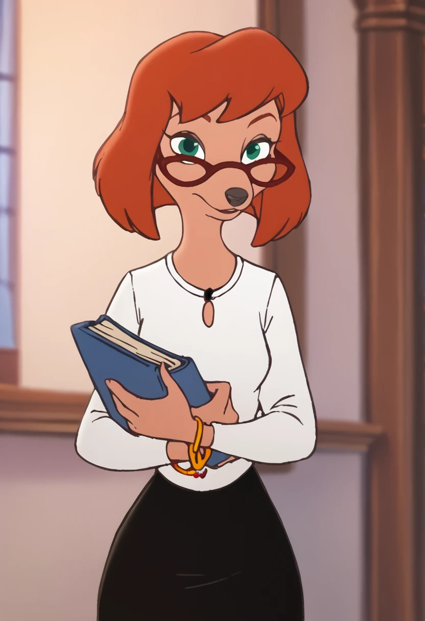 Sylvia, 1girl, solo, jewelry, book, green eyes, furry female, orange hair, short hair, bangle, black skirt, white shirt, holding book, holding, long sleeves, animal nose, necklace, looking at viewer, score_9, score_8_up, score_7_up, score_6_up, score_5_up, score_4_up <lora:SylviaMarpolePony1.0:1>