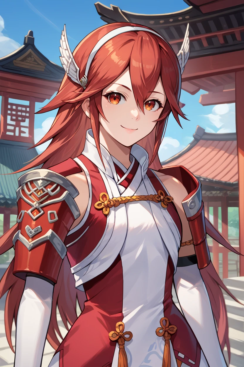 score_9, score_8_up, score_7_up, score_6_up, source_anime, BREAK 1girl, solo <lora:fecaeldori-pdxl-nvwls-v1:1> caeldori, red hair, wing hair ornament, hairband, shoulder armor, red and white dress, elbow gloves, thigh boots, upper body, looking at you, smile, japanese architecture, blue sky