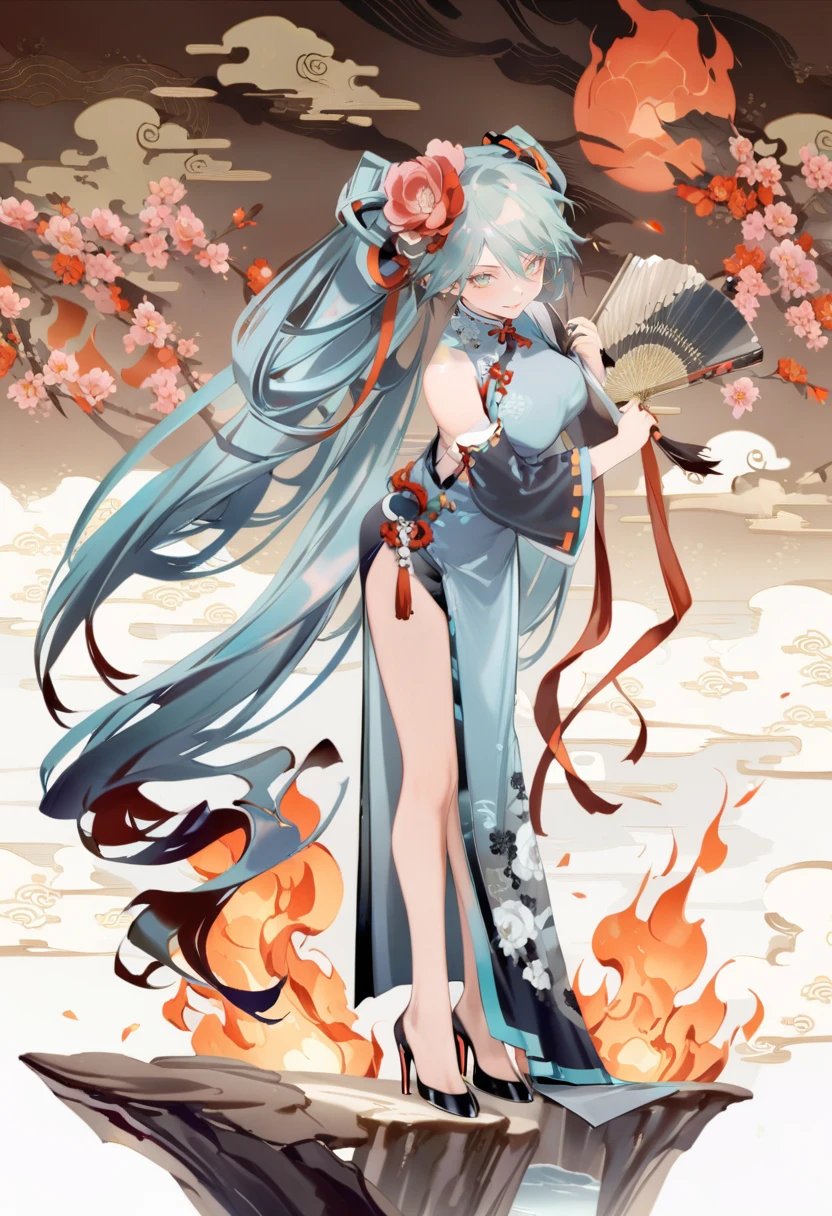 masterpiece, best quality, <lora:reiXL_ANI31_lokr_V4312:0.95> 1girl, solo, long hair, hand fan, holding, dress, hatsune miku, holding fan, very long hair, hair ornament, looking at viewer, arrow \(projectile\), chinese clothes, aqua hair, full body, flower, smoke, folding fan, fire, aqua eyes, standing, smile, hair flower, high heels, twintails, black footwear, from side, ribbon, hair between eyes, detached sleeves, china dress, tassel, breasts, red ribbon, jewelry, weapon