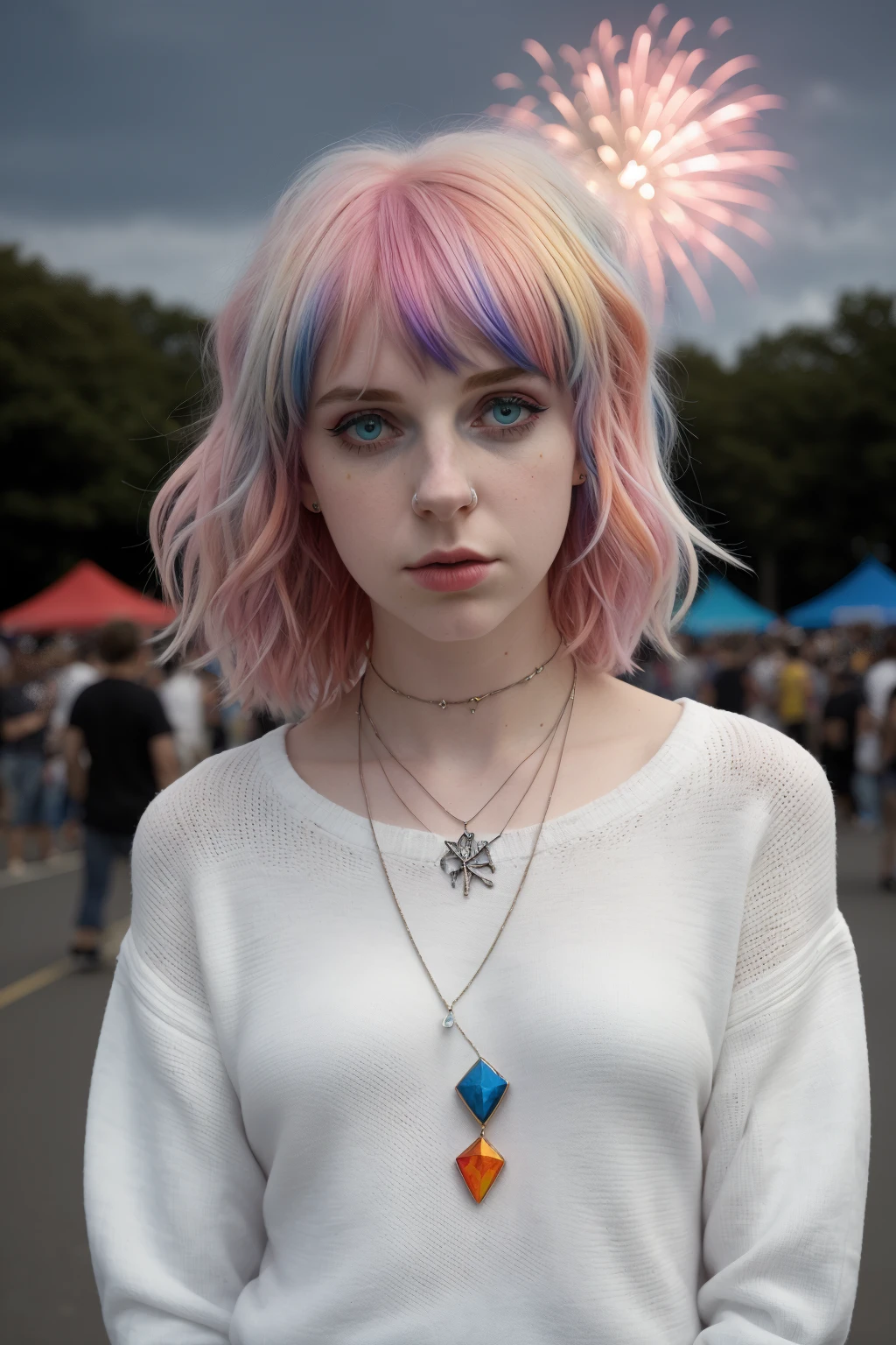 beautiful girl with vivid rainbow colored hair, (wolfcut:1.1), very long hair, bangs, (disheveled:1.3),
arms behind back, leaning forward,
Wrapped in a white knitted sweater, accented by cute jewelry, emanating an adorable aura, (cinematic, cinematic shot),
<lora:concept_hairstyle_wolfCut_sd15_v7-wolfCut:0.8>
BREAK
background festival, carnival, fireworks, realistic photograph, professional photographer, depth of field,