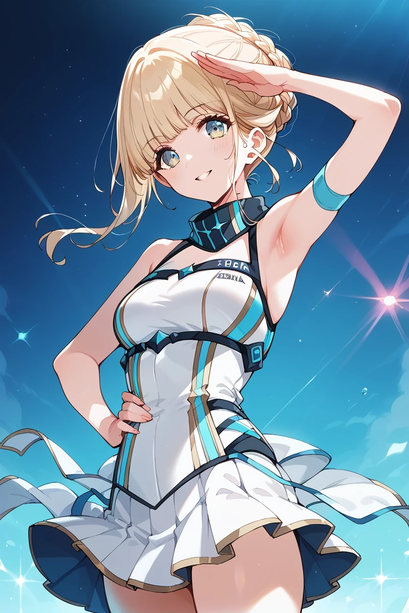 score_9, score_8_up, score_7_up, score_6_up, 1girl,
<lora:Fukushima_Noa_r2:0.9> noa, blonde hair, updo, bangs, stage outfit, skirt, salute, armpit, hand on waist, color lights,