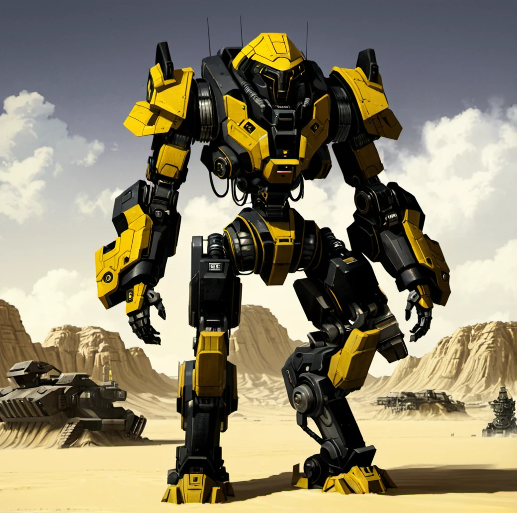 robot, mecha, science fiction, 1boy, standing, helmet, cable, size difference, giant robot, futuristic, mechanical design, desert landscape, human figure, size contrast, advanced technology, science fiction theme, armored, gritty texture, sandy terrain, cloudy sky, yellow and black color scheme, digital art, concept art, industrial elements, heavy machinery, outdoor setting ,<lora:æºç²-000002:0.6>